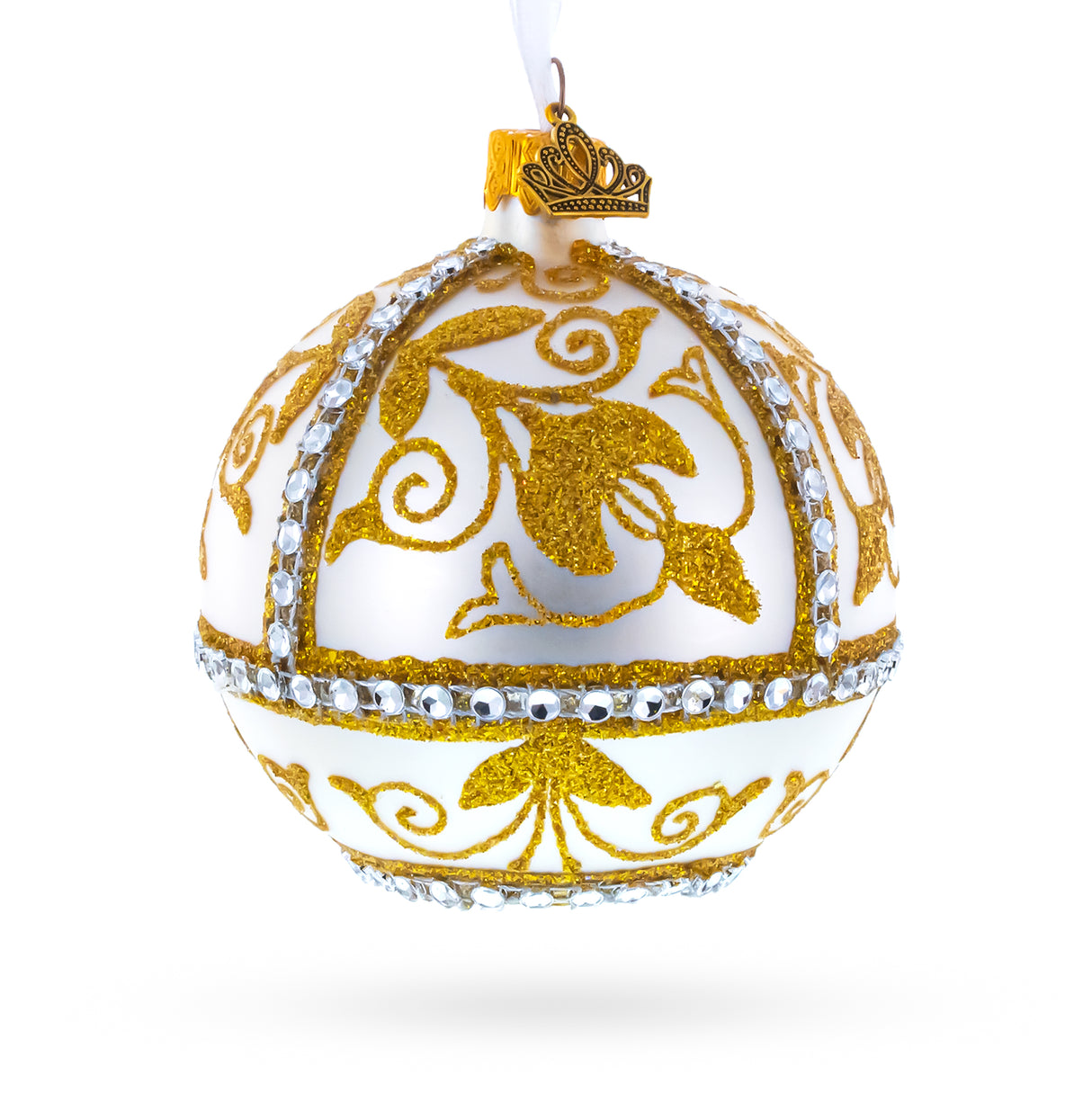 Glass Jeweled Golden Chandelier on Silver Glass Ball Christmas Ornament 3.25 Inches in White color Round