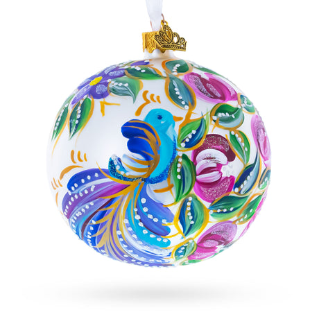 Glass Blue Bird on White Glass Ball Christmas Ornament 4 Inches in White color Round