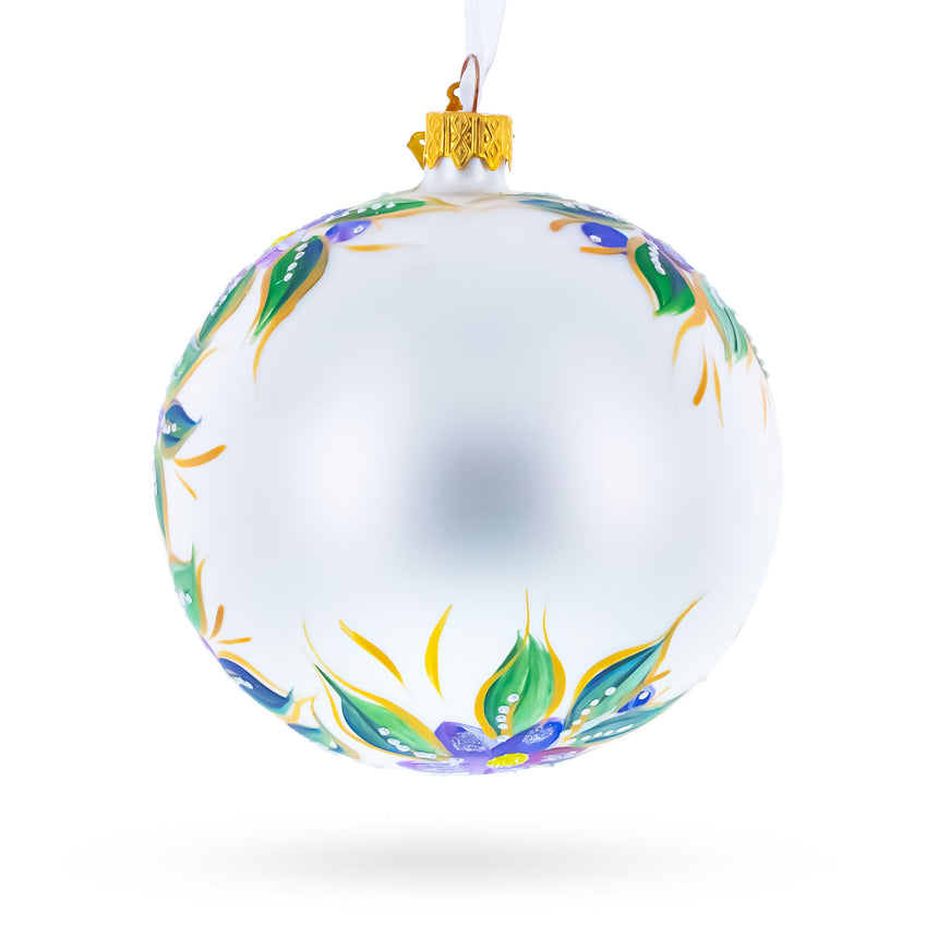 Blue Bird on White Glass Ball Christmas Ornament 4 InchesUkraine ,dimensions in inches: 4 x 4 x 4