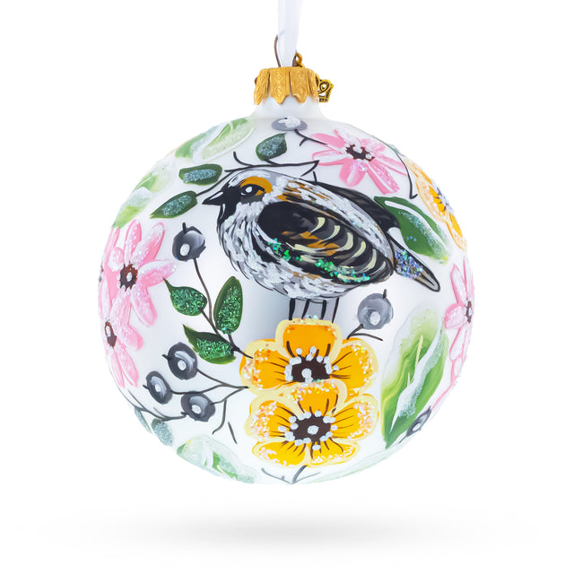 Glass Birds Singing Extravaganza Glass Ball Christmas Ornament 4 Inches in White color Round