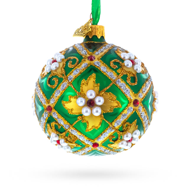 Glass Jewels on Green Glass Ball Christmas Ornament 3.25 Inches in Green color Round