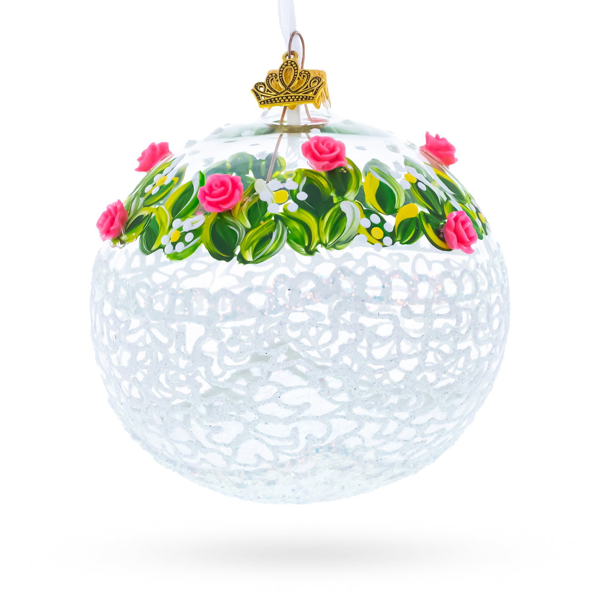 Glass Dimensional Pink Roses Glass Ball Christmas Ornament 4 Inches in White color Round