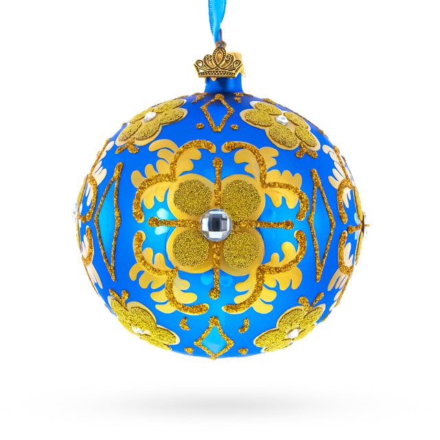 Glass Jeweled Golden Leaves on Blue Glass  Ball Christmas Ornament 4 Inches in Blue color Round