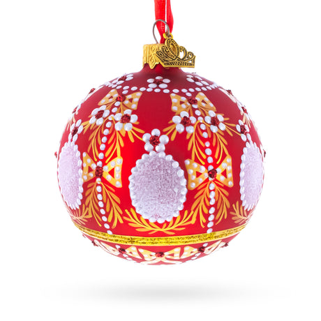 Glass 1908 Alexander Palace Royal Egg Red Glass Ball Christmas Ornament 3.25 Inches in Red color Round