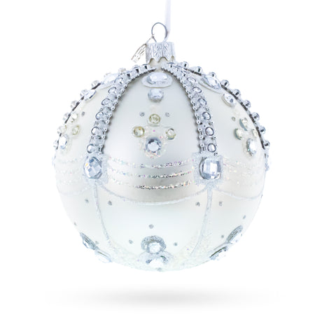 Glass White Jewels on Silver Glass Ball Christmas Ornament 4 Inches in Silver color Round