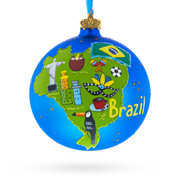 Glass Brazil Map and Symbols Glass Ball Christmas Ornament 4 Inches in Red color Round