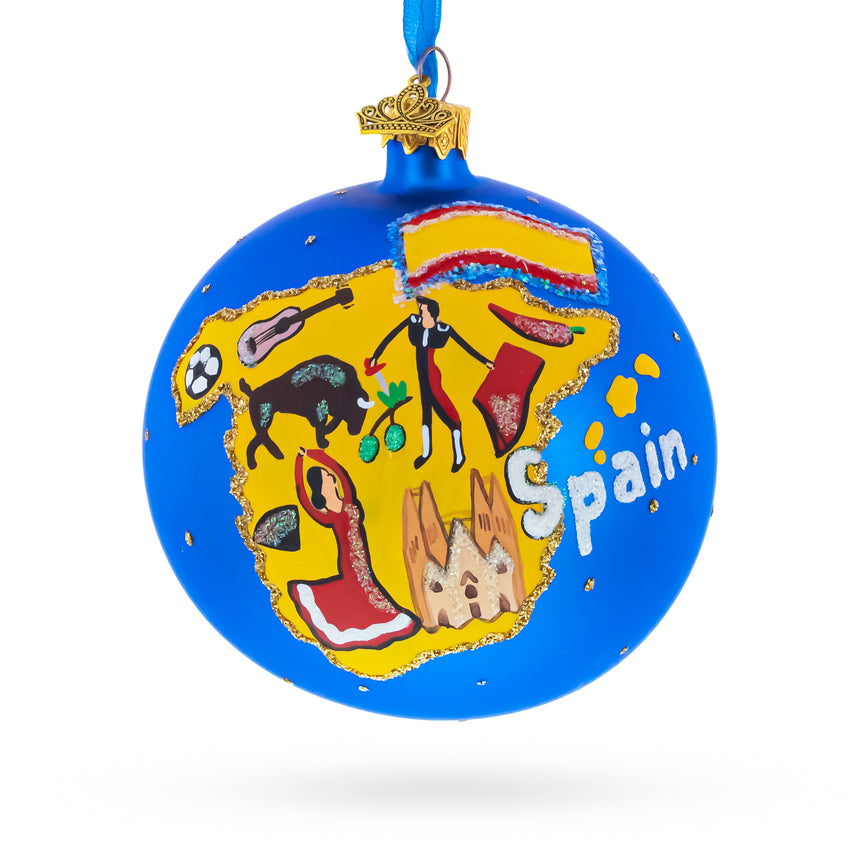 Glass Spain Map and Symbols  Glass Ball Christmas Ornament 4 Inches in Blue color Round