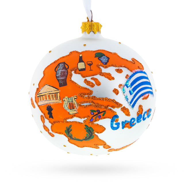 Glass Greece Map and Symbols Glass Ball Christmas Ornament 4 Inches in White color Round