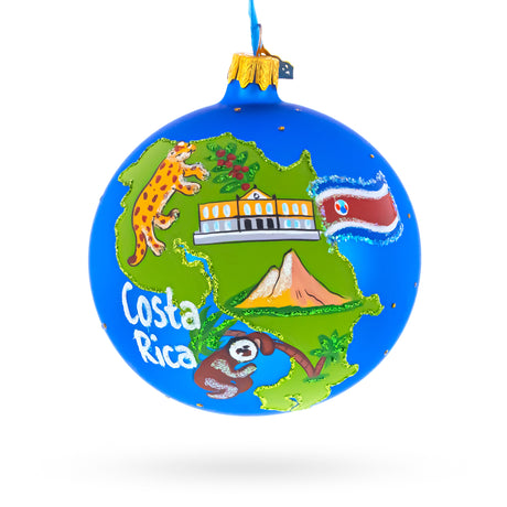 Glass Costa Rica Map and Symbols Glass Ball Christmas Ornament 4 Inches in Blue color Round