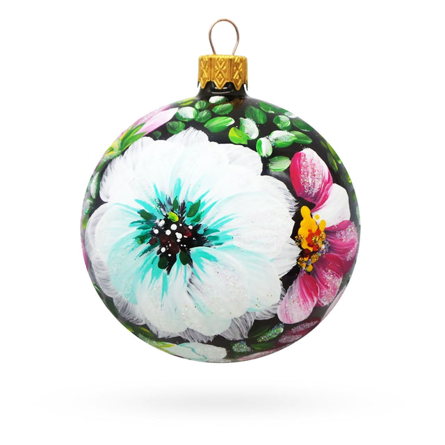 Glass Pink and White Floral Blossoms Glass Ball Christmas Ornament 3.25 Inches in Multi color Round