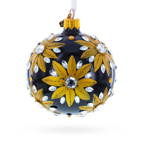 Glass Golden Glitter Sunflower with Crystal Embellishments Glass Ball Christmas Ornament 3.25 Inches in Black color Round