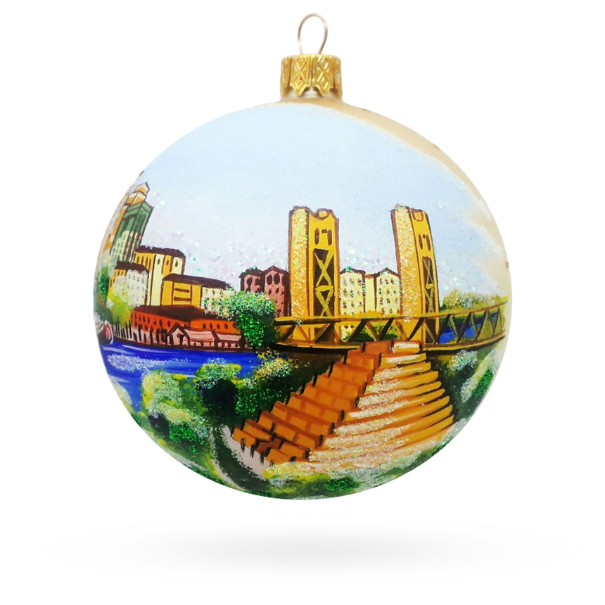 Glass Skyline of Sacramento, California Glass Ball Christmas Ornament 4 Inches in Multi color Round