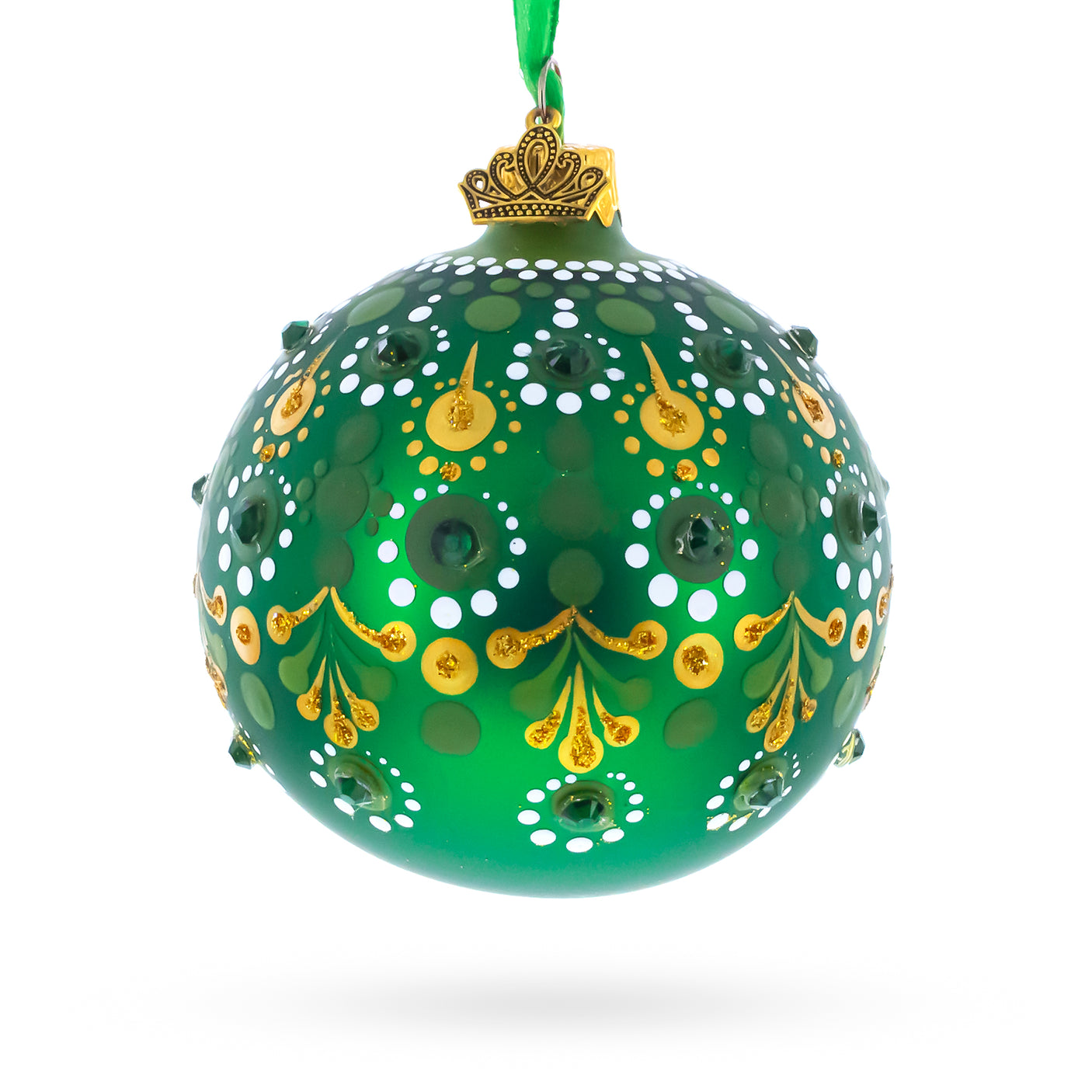 Glass Emerald Green with Golden Accents and Crystals Glass Ball Christmas Ornament 3.25 Inches in Green color Round