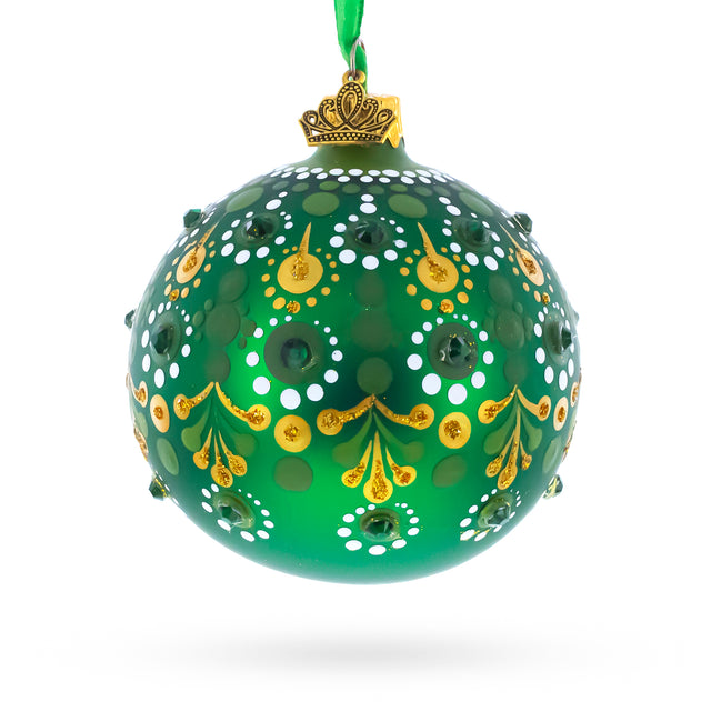 Glass Emerald Green with Golden Accents and Crystals Glass Ball Christmas Ornament 3.25 Inches in Green color Round