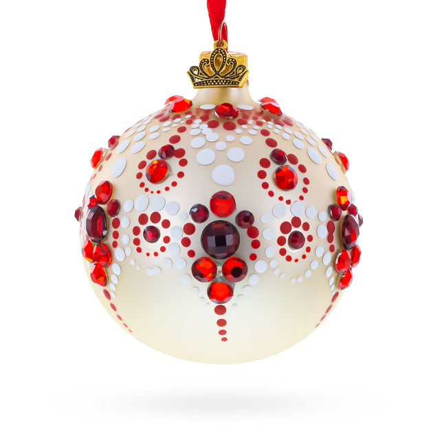 Glass Red and Crystal Droplets Festive Glass Ball Christmas Ornament 3.25 Inches in White color Round