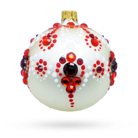 Glass Ruby Red and Crystal Droplets Festive Glass Ball Christmas Ornament 3.25 Inches in White color Round