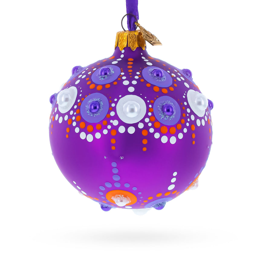 Glass Purple Majesty with Silver Accents Geometric Glass Ball Christmas Ornament 3.25 Inches in Purple color Round