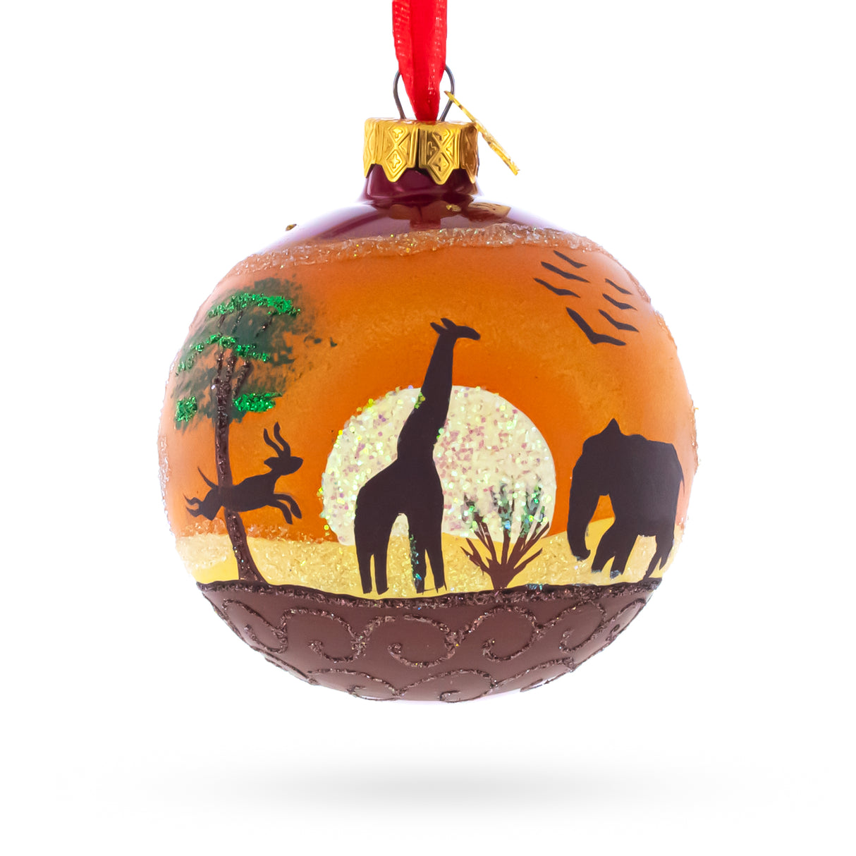 Glass African Sunset with Giraffe and Tree Glass Ball Christmas Ornament 3.25 Inches in Orange color Round