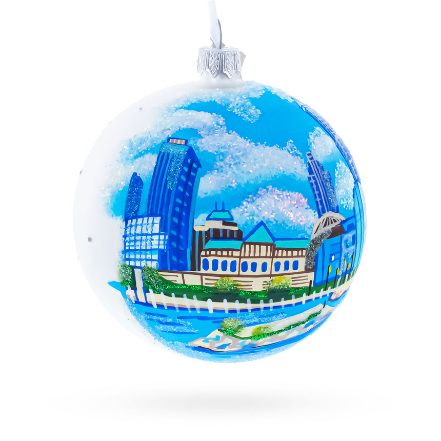 Cityscape of Cleveland, Ohio Glass Ball Christmas OrnamentUkraine ,dimensions in inches: 4 x 4 x 4