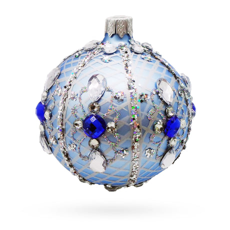 Glass Luxurious Blue and Silver Jeweled Glass Ball Ornament 3.25 Inches in Blue color Round