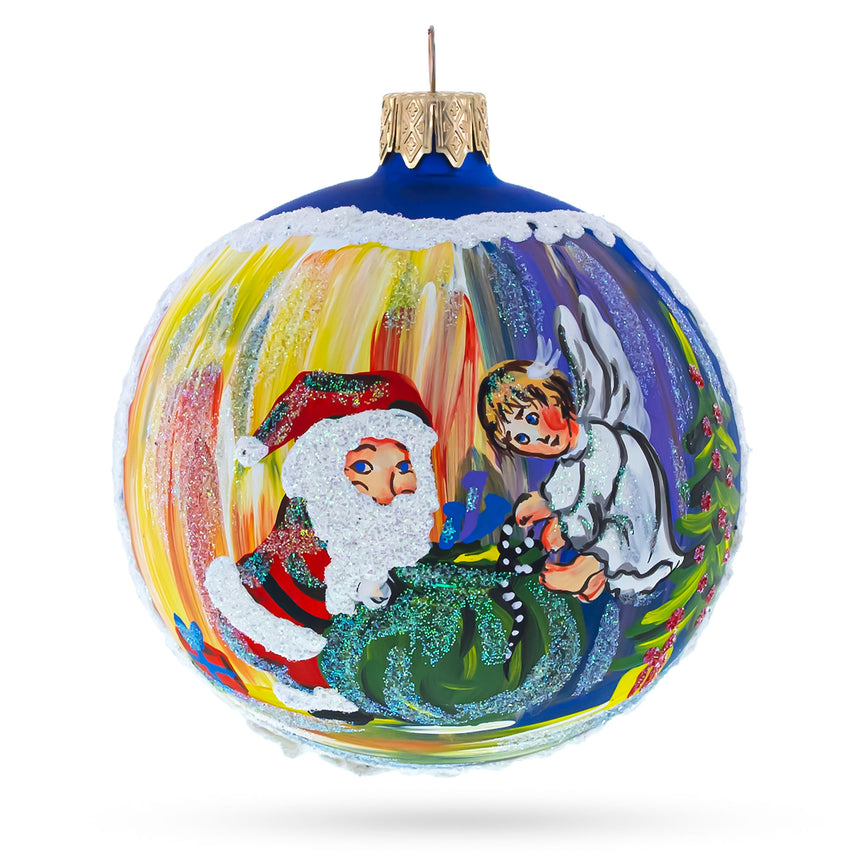 Glass A Heavenly Christmas Tale Blown Glass Ball Ornament 3.25 Inches in Blue color Round