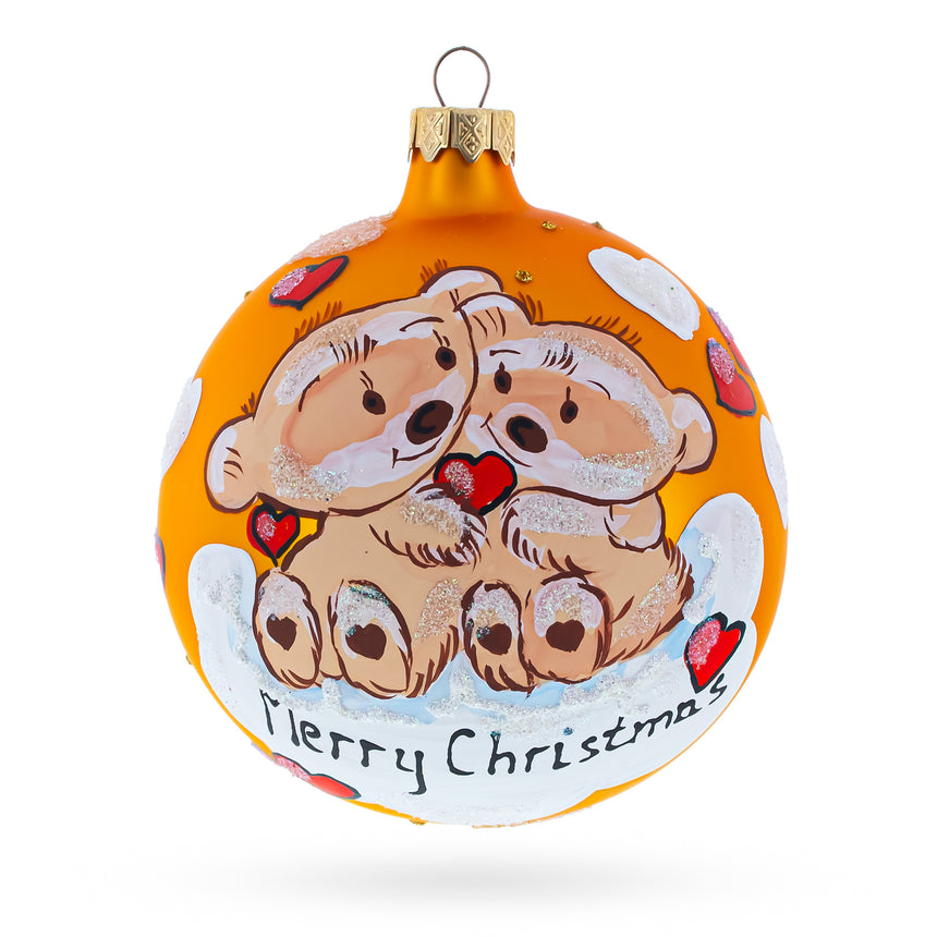 Glass Merry Christmas from Two Bears in Love Blown Glass Ball Christmas Ornament 3.25 Inches in Orange color Round