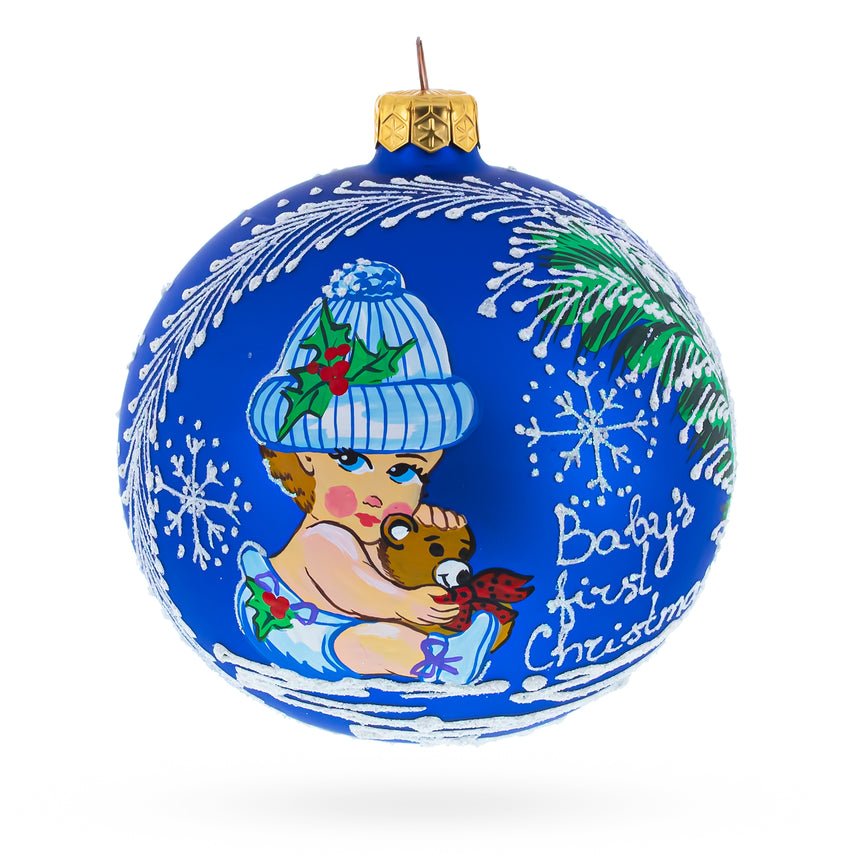 Glass Girl Hugging Teddy Bear Blown Glass Ball Baby's First Christmas Ornament 4 Inches in Blue color Round