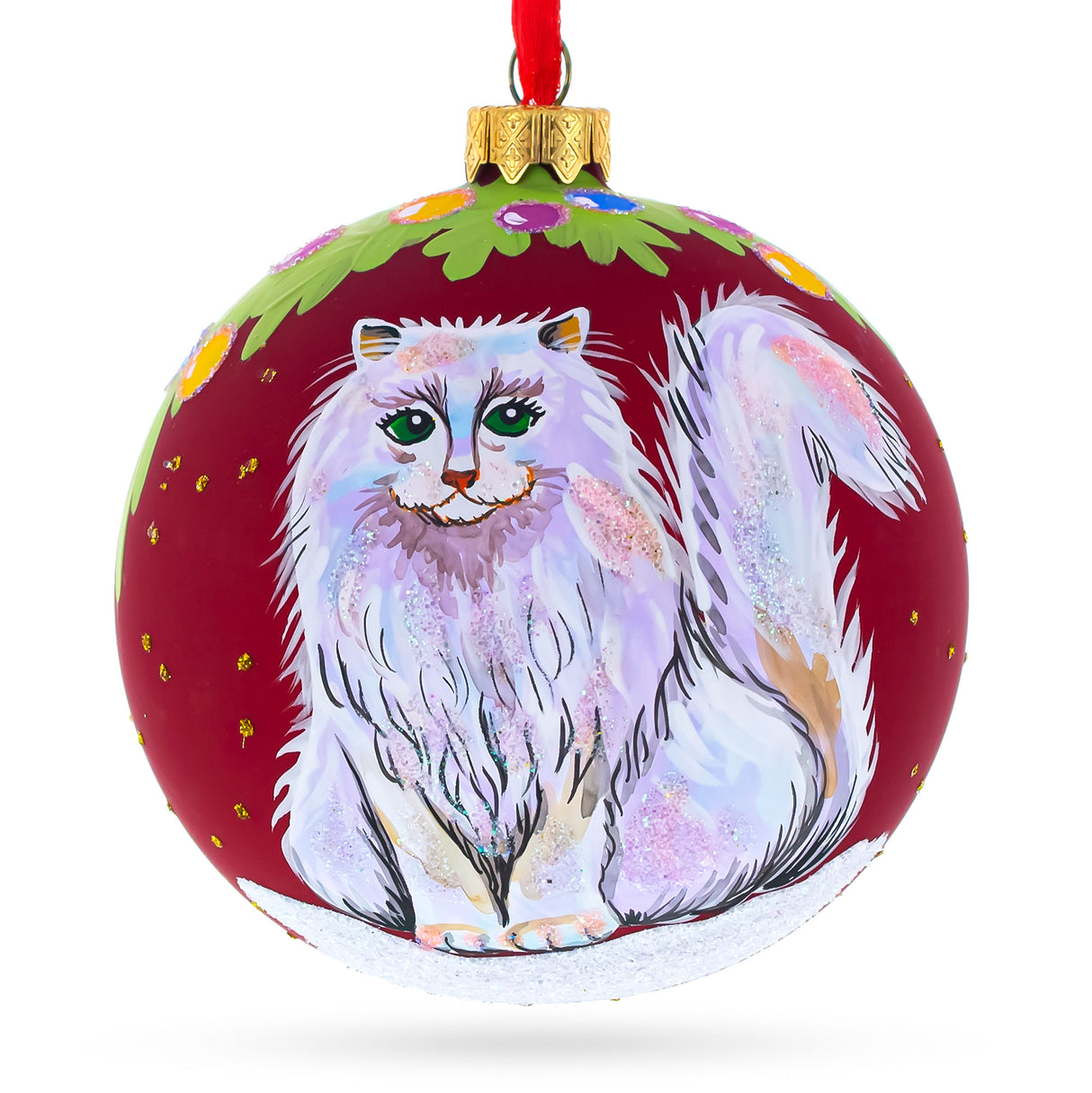 Glass Fluffy White Persian Cat Blown Glass Ball Christmas Ornament 4 Inches in Red color Round