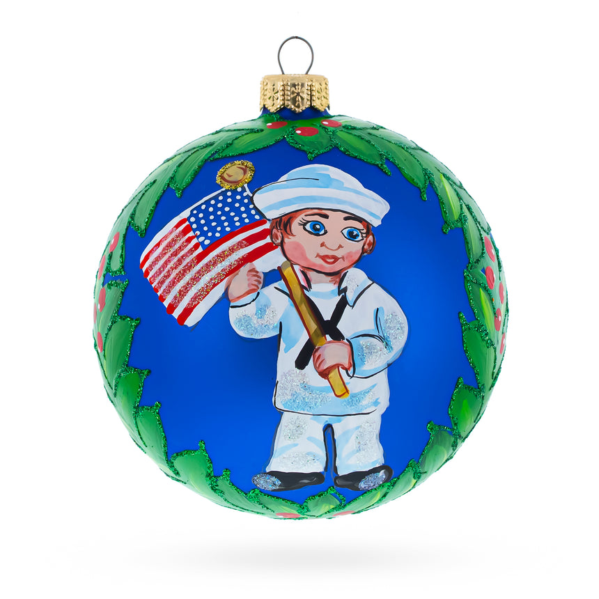 Glass USA Navy Soldier with American Flag Blown Glass Ball Patriotic Christmas Ornament 4 Inches in Blue color Round