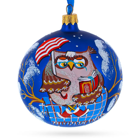 Glass Scholarly Bird Immersed in a Book Hand-Glass Ball Christmas Ornament 4 Inches in Blue color Round