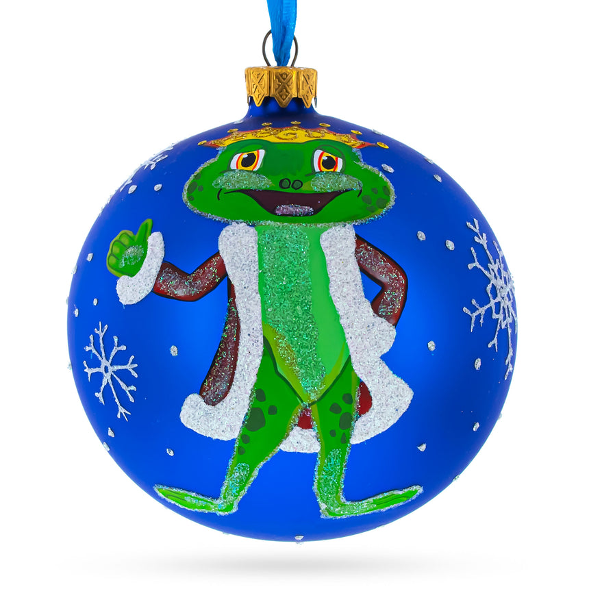 Glass The Frog King Crowned in Splendor Hand-Blown Glass Ball Christmas Ornament 4 Inches in Blue color Round