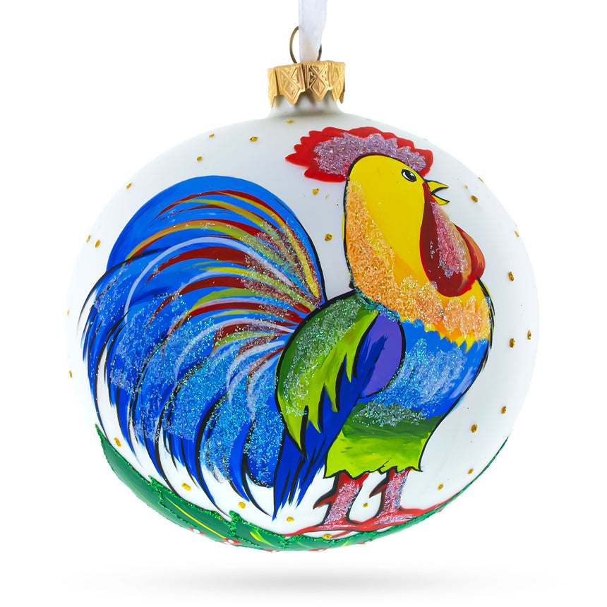 Glass Vivid Rooster Glass Ball Christmas Ornament 3.25 Inches in White color Round