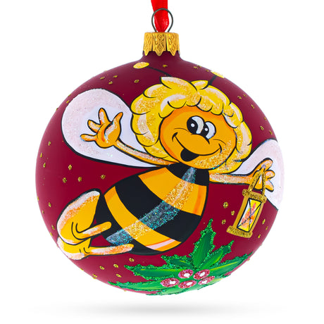 Glass Buzzing Bee in Flight Collecting Honey Glass Ball Christmas Ornament 4 Inches in Red color Round