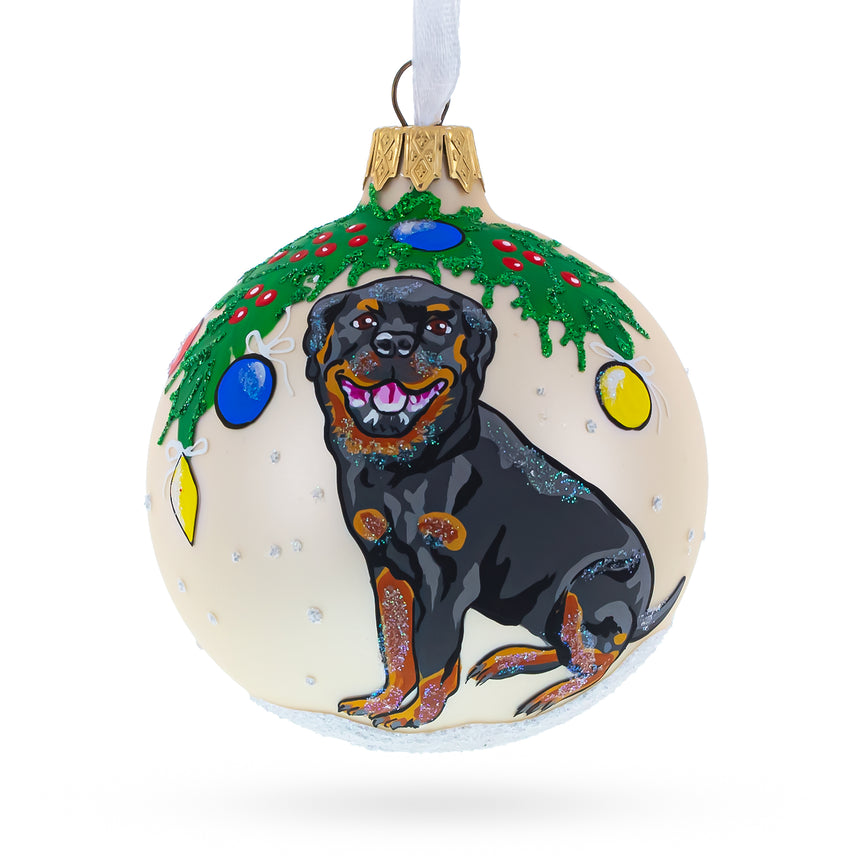 Glass Cheerful Rottweiler  Blown Glass Ball Christmas Ornament 3.25 Inches in White color Round