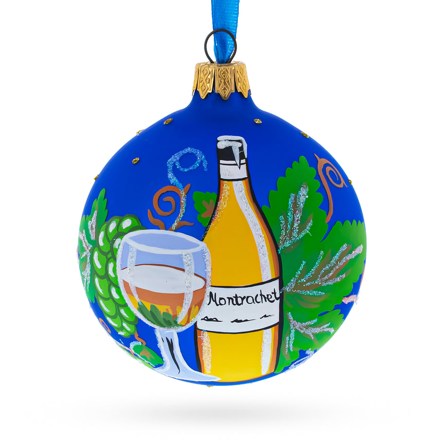 Glass White Wine Bottle Blown Glass Ball Christmas Ornament 3.25 Inches in Blue color Round