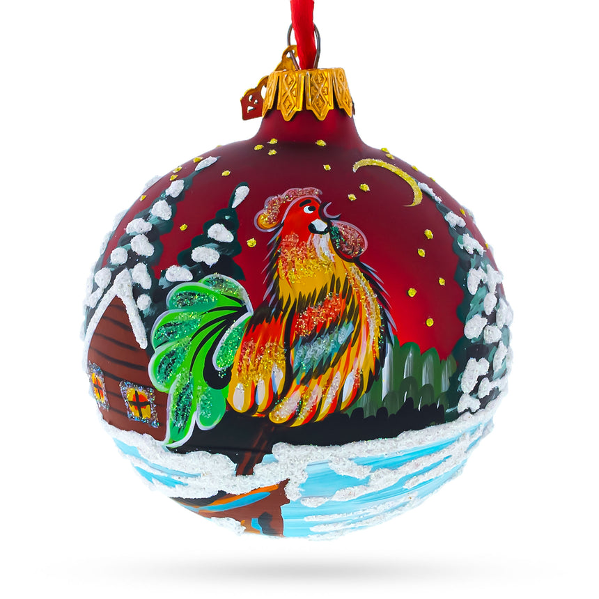 Glass Vibrant Village Scene on Red Blown Glass Ball Christmas Ornament 3.25 Inches in Red color Round