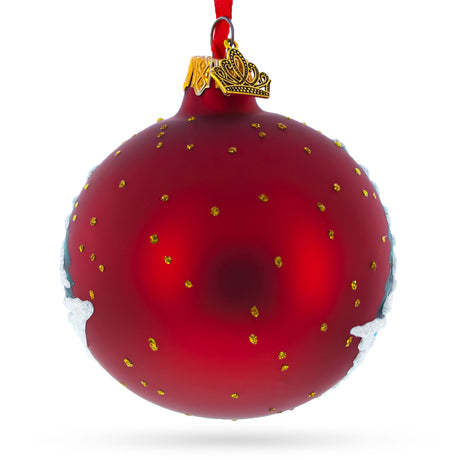 Vibrant Village Scene on Red Glass Ball Christmas Ornament 3.25 InchesUkraine ,dimensions in inches: 3.25 x 3.25 x 3.25