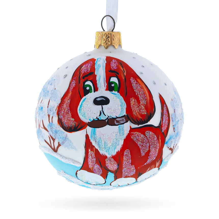 Glass Puppy on the Snow Blown Glass Christmas Ornament 3.25 Inches in White color Round