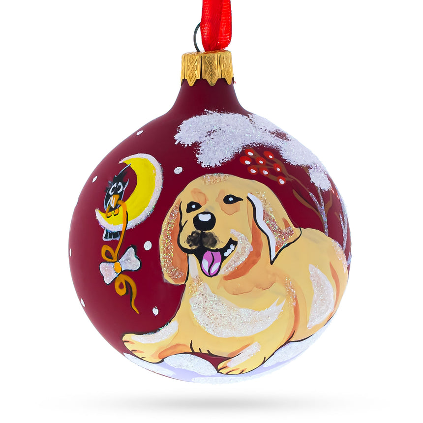 Glass Golden Retriever Glass Ball Christmas Ornament 3.25 Inches in Red color Round