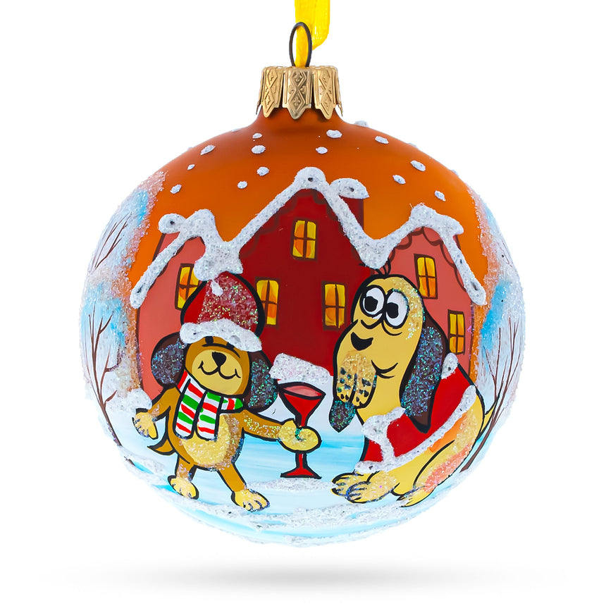 Glass Festive Dogs' Holiday Celebration Blown Glass Ball Christmas Ornament 3.25 Inches in Orange color Round