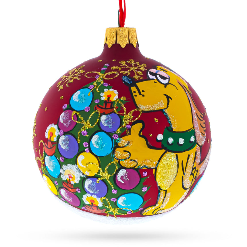 Glass New Year's Festivities with Fido Glass Ball Christmas Ornament 3.25 Inches in Red color Round