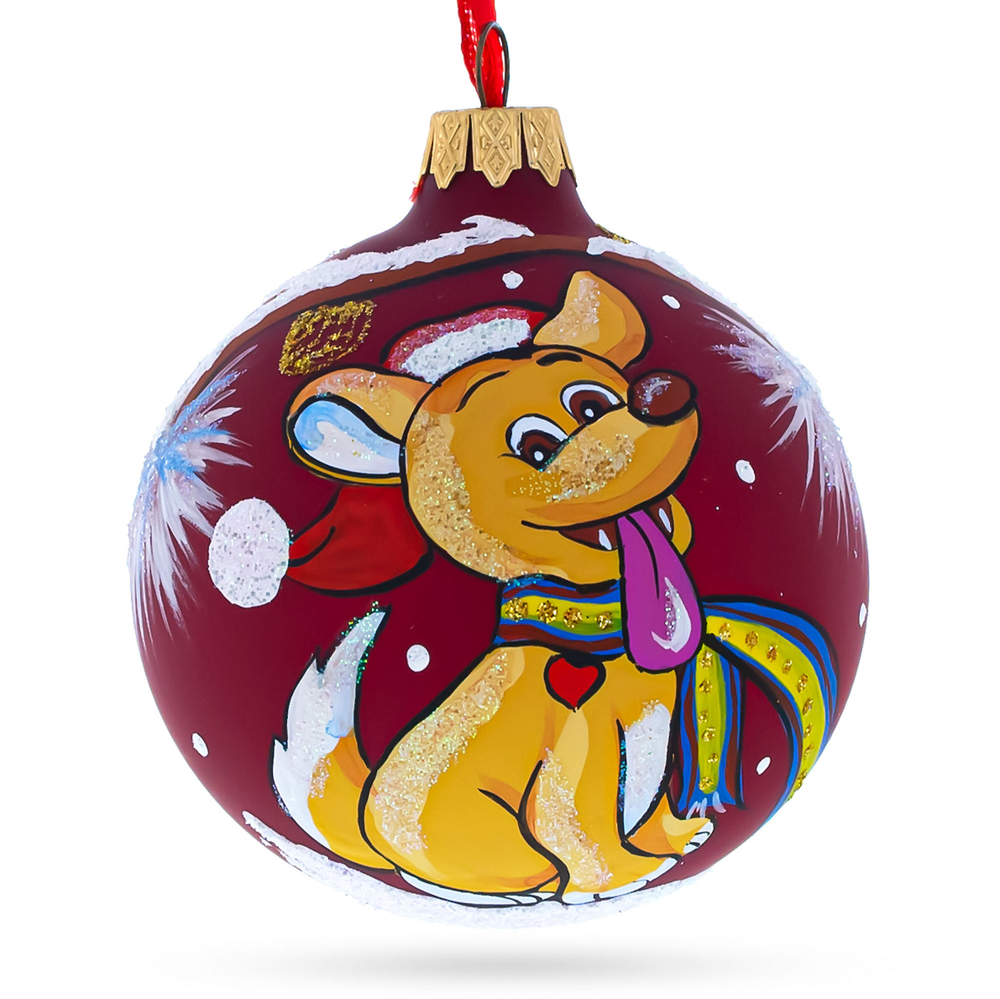 Glass Dog in Santa Hat Blown Glass Ball Christmas Ornament 3.25 Inches in Red color Round