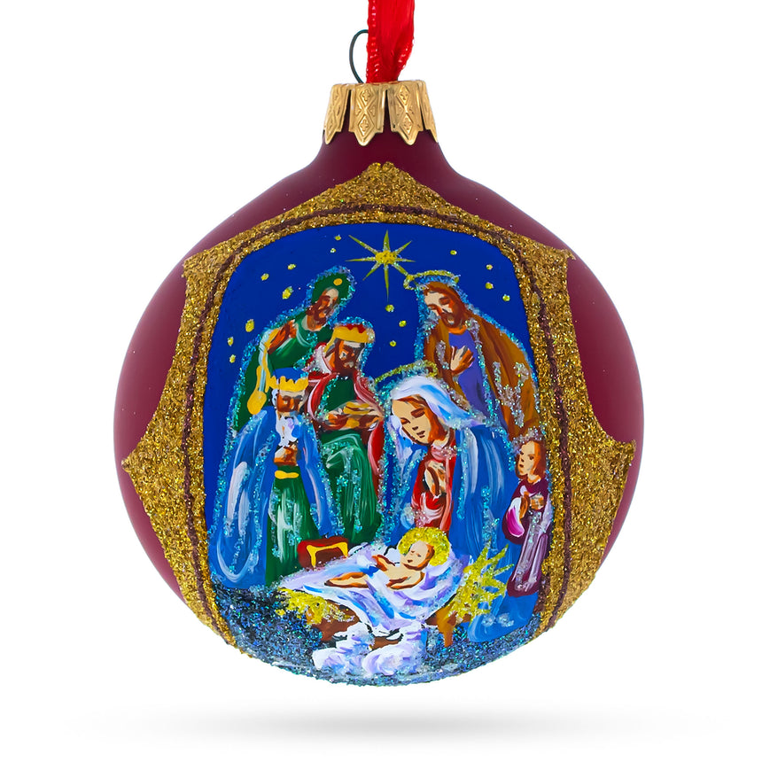 Glass Radiant Nativity Scene in Red Tone Glittered Blown Glass Ball Christmas Ornament 3.25 Inches in Red color Round