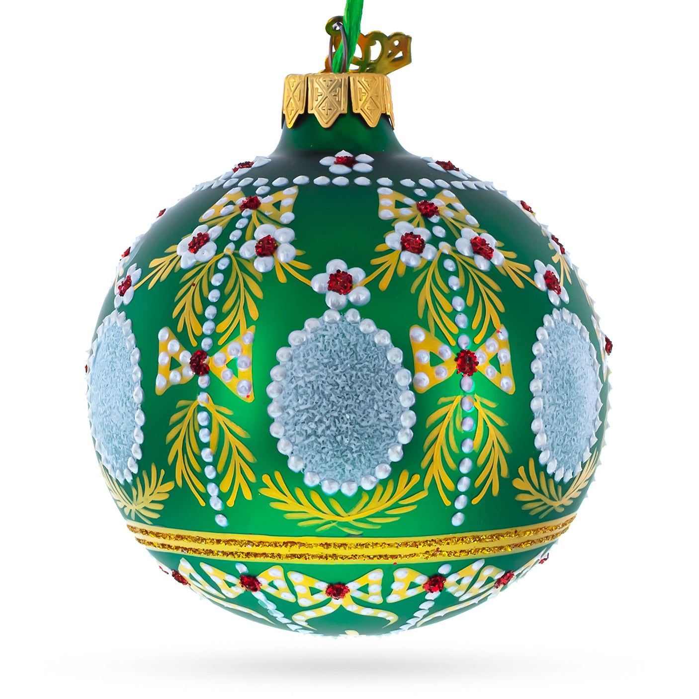 Glass 1908 Alexander Palace Royal Egg Green Blown Glass Ball Christmas Ornament 3.25 Inches in Green color Round