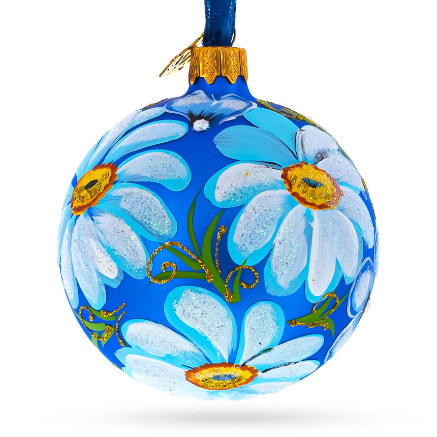 Glass Daisy Flowers on Blue Blown Glass Ball Christmas Ornament 3.25 Inches in Blue color Round