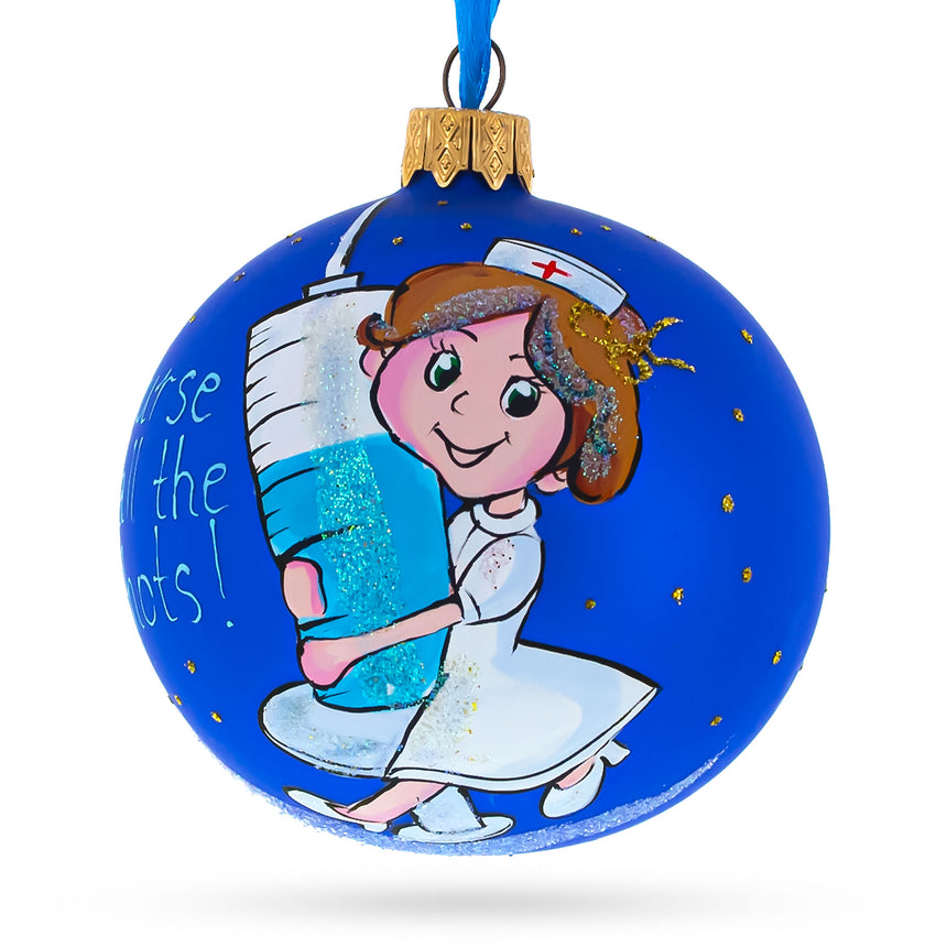 Glass Medical Professional Nurse with Syringe Glass Ball Christmas Ornament 3.25 Inches in Blue color Round