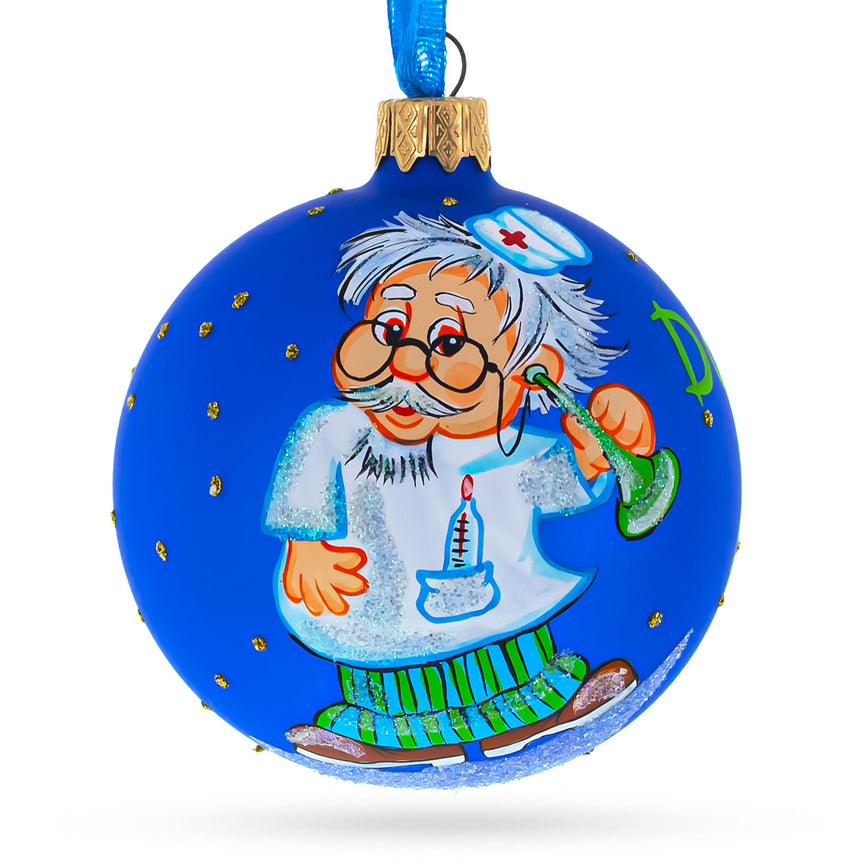 Glass The Caring Doctor Blown Glass Ball Christmas Ornament 3.25 Inches in Blue color Round