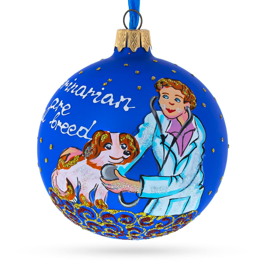 Glass Veterinarian Checking Dog Glass Ball Christmas Ornament 3.25 Inches in Blue color Round