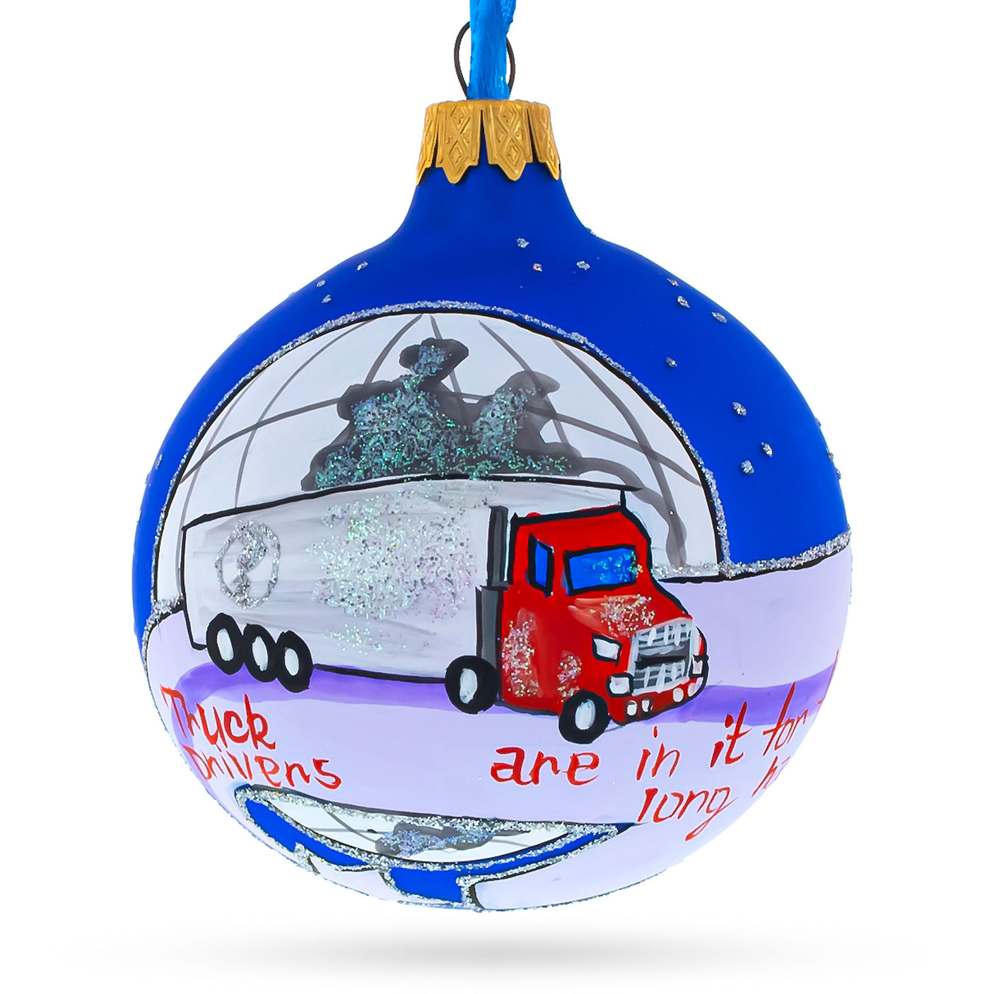 Glass Hardworking Truck Driver Blown Glass Ball Christmas Ornament 3.25 Inches in Blue color Round