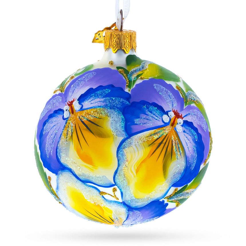 Glass Charming Purple Pansy Flowers Blown Glass Christmas Ornament 3.25 Inches in Multi color Round